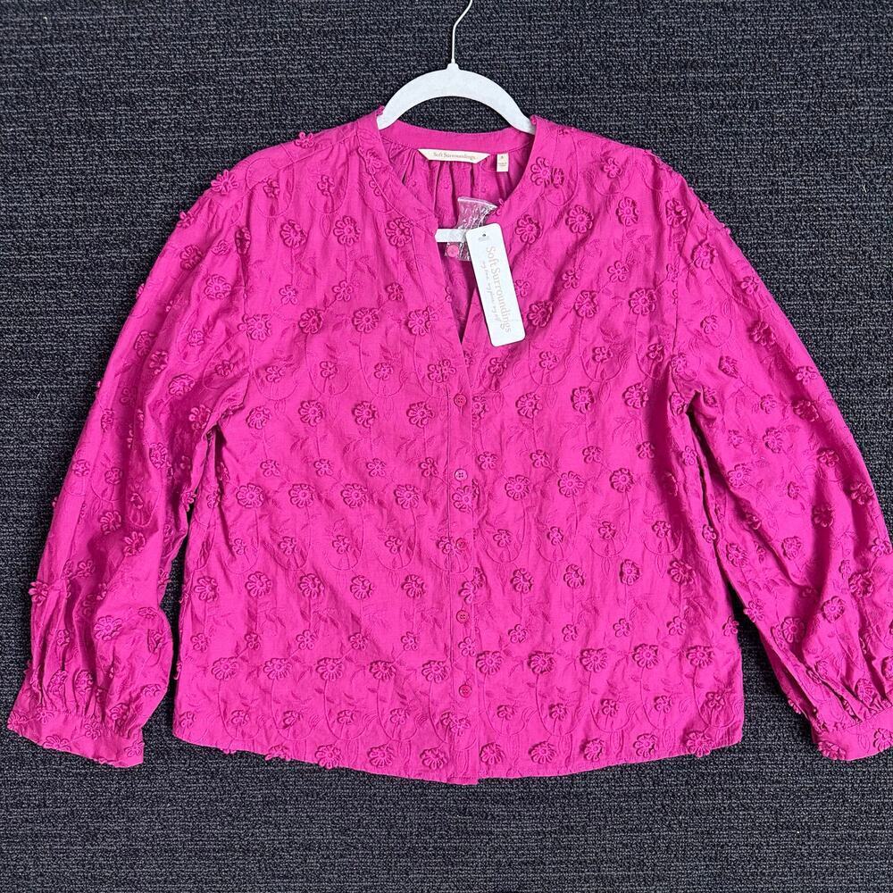 Soft Surroundings Pink Embroidered 3D Flower Button Down Top Size‎ Small NWT